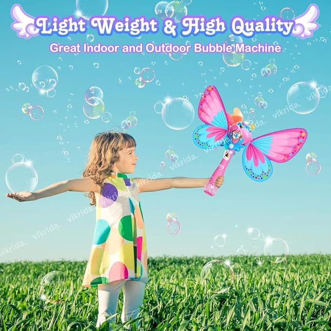 VikriDa Magic Wand Bubble Machine Butterfly Automatic Powerful Bubble Blower for Kids | for Indoor, Outdoor, Birthday, Wedding, Party, Park Garden Backyard Play (Bubble Solution Included)