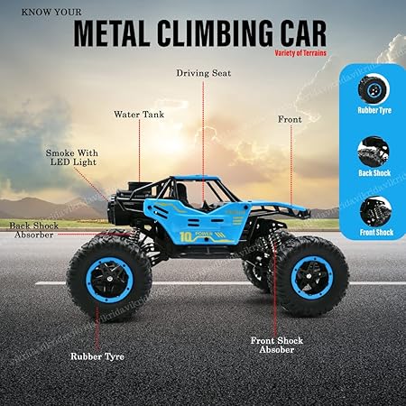 VikriDA Remote Control car with Mist Smoke Spray Function 1:18 Rock Crawler 2 WD High Speed Rechargeable Off-Road Monster Truck 45° Angle Climbing Car Toy for Kids - Blue Color
