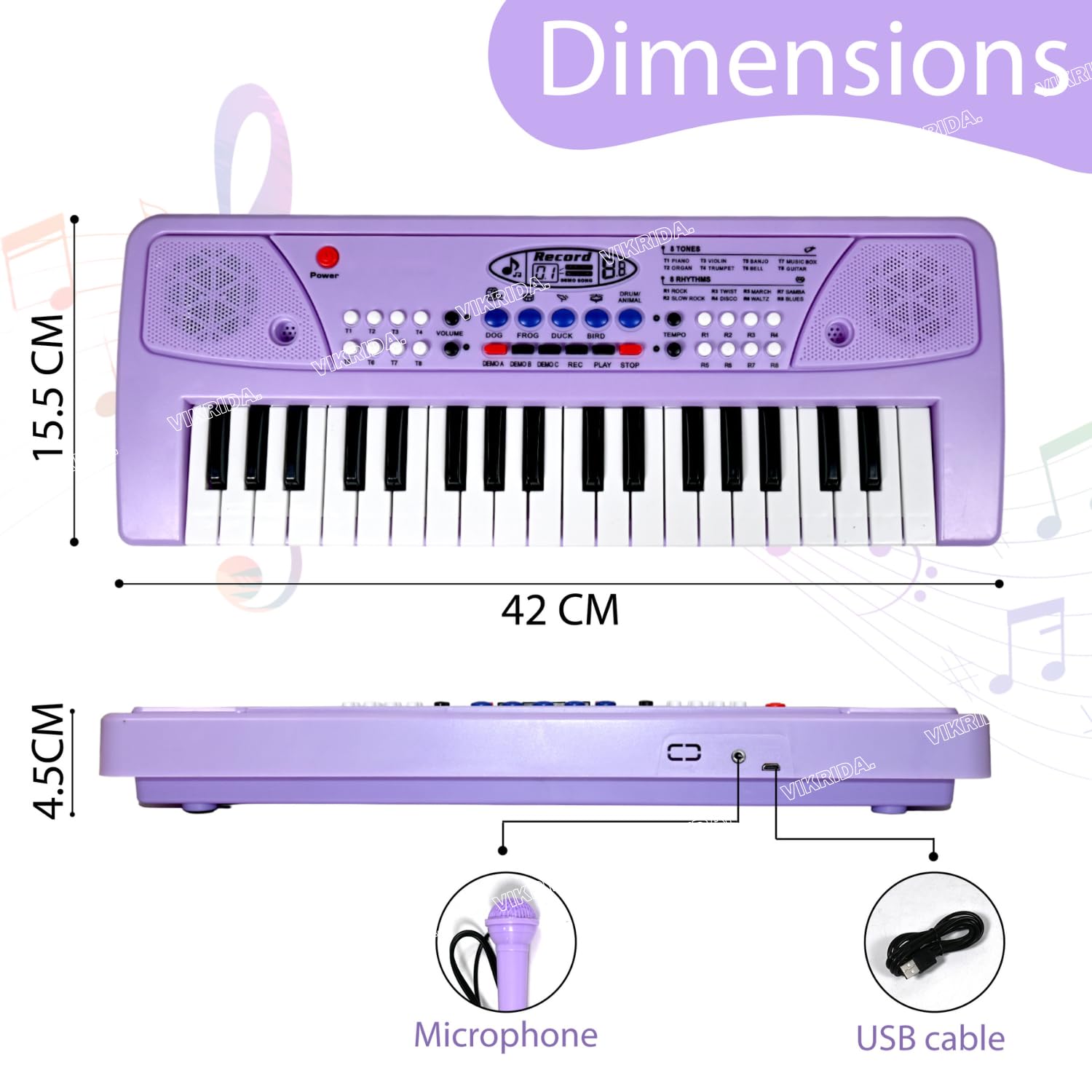 Vikrida Kids Keyboard Piano, 37 Keys Piano Keyboard DC Power Option for Kids Musical Instrument Gift Toys for Over 3 Year Old Children (PURPLE)