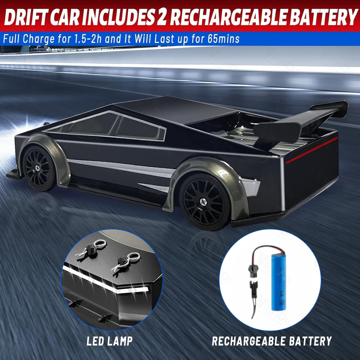 VikriDa RC Black Tesla-Style Pick-Up Drift Car for Kids