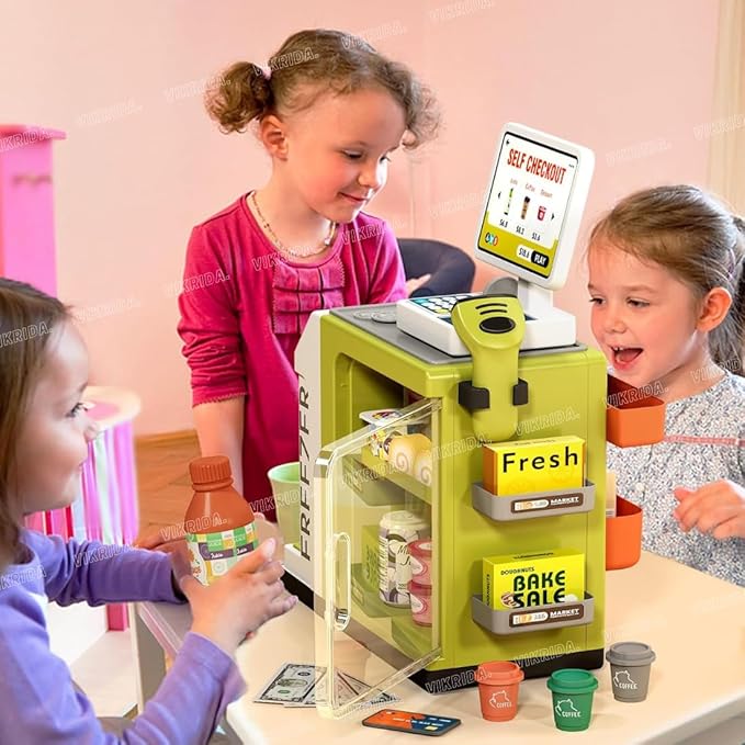 VikriDa 46-Piece Pretend Play Cash Register Toy Set with Water Outlet Function - Calculator, Shopping Bag, Scanners, Credit Cards, Coffee Machine, Play Food - Gift for Boys and Girls Ages 3+ (Green)
