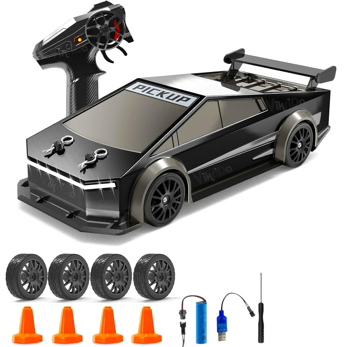VikriDa RC Black Tesla-Style Pick-Up Drift Car for Kids