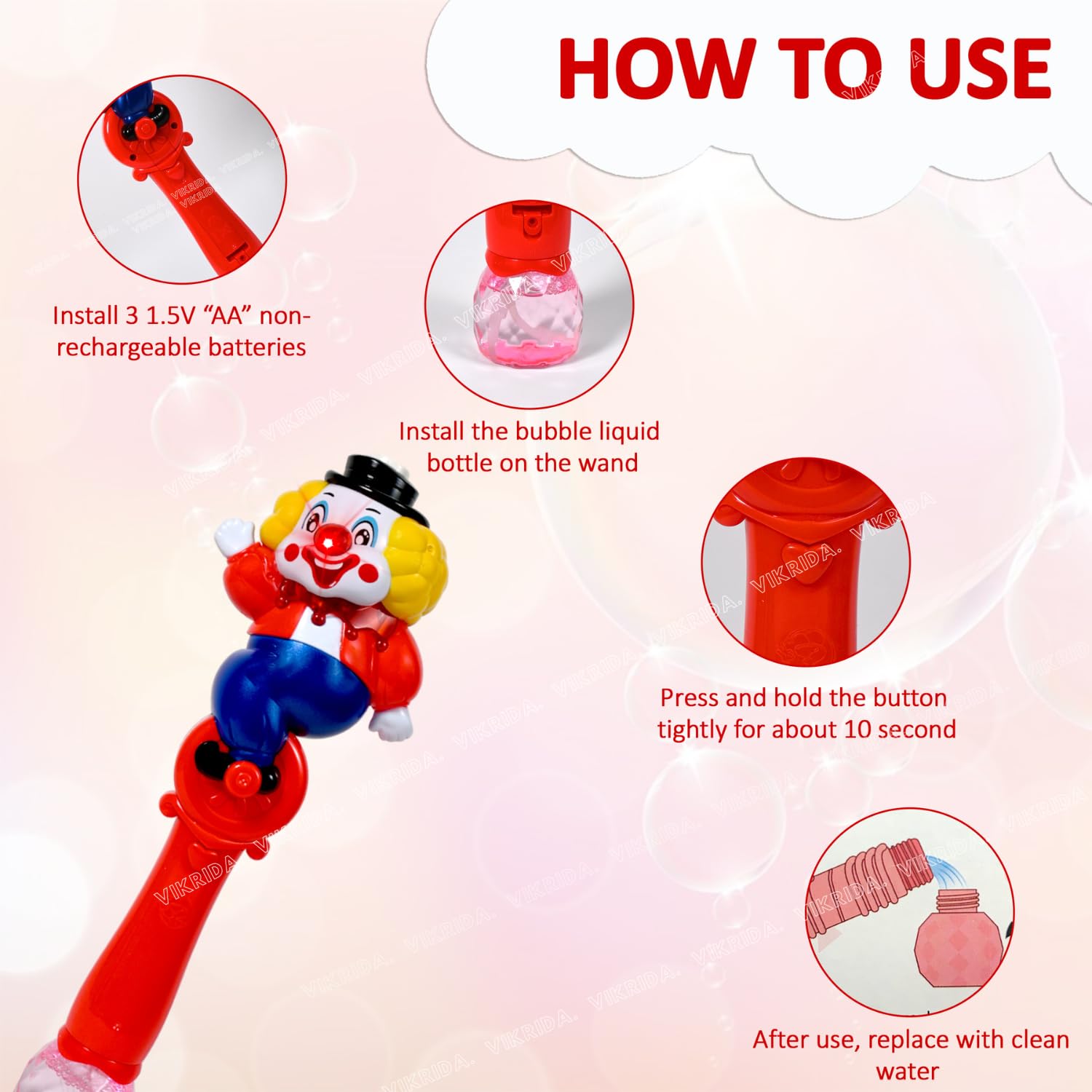 VikriDA Light Up Bubble Blower Wand with Thrilling LED & Sound Effect for Kids, 2 Bottles Bubble Fluid Included, Great Gift Idea, Party Favor - Clown