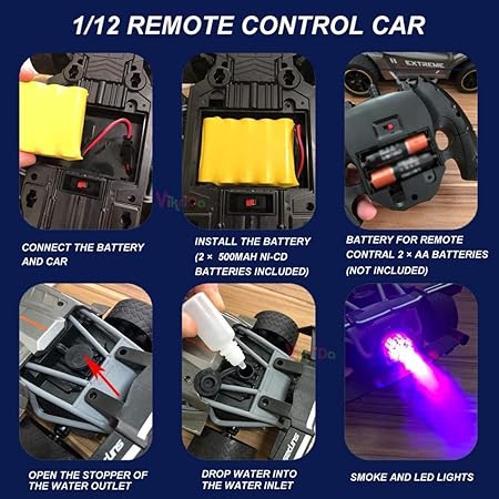 VikriDA Spray Runner RC car 1/12 Scale RC Car Toys 2.4 GHz Spray Racing Car with Rear Fog Stream LED Light and Sound - Multicolor