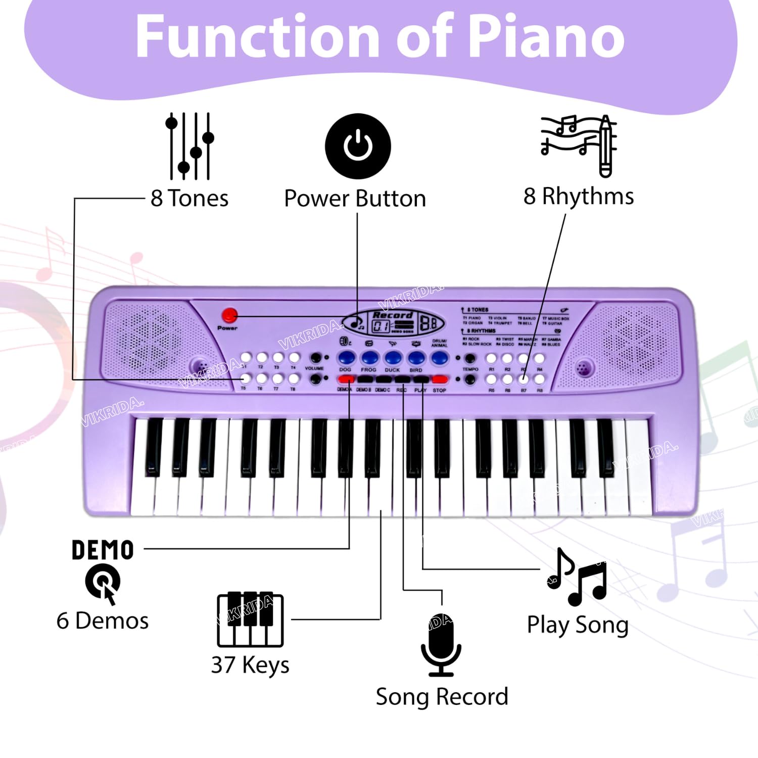 Vikrida Kids Keyboard Piano, 37 Keys Piano Keyboard DC Power Option for Kids Musical Instrument Gift Toys for Over 3 Year Old Children (PURPLE)
