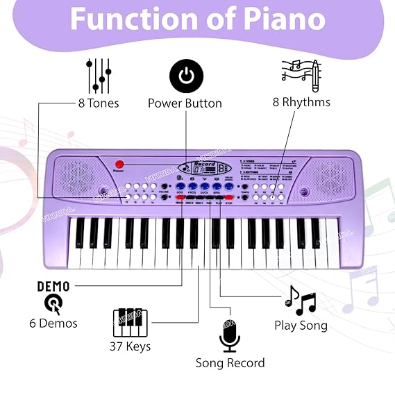 Vikrida Kids Keyboard Piano, 37 Keys Piano Keyboard DC Power Option for Kids Musical Instrument Gift Toys for Over 3 Year Old Children (Purple)