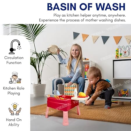 Vikrida Plastic Play Sink with Running Water, Kids Play Kitchen Toy Sink Electronic Dishwasher, Working Faucet Vegetable Fruits and Dishes Playset - Multicolor