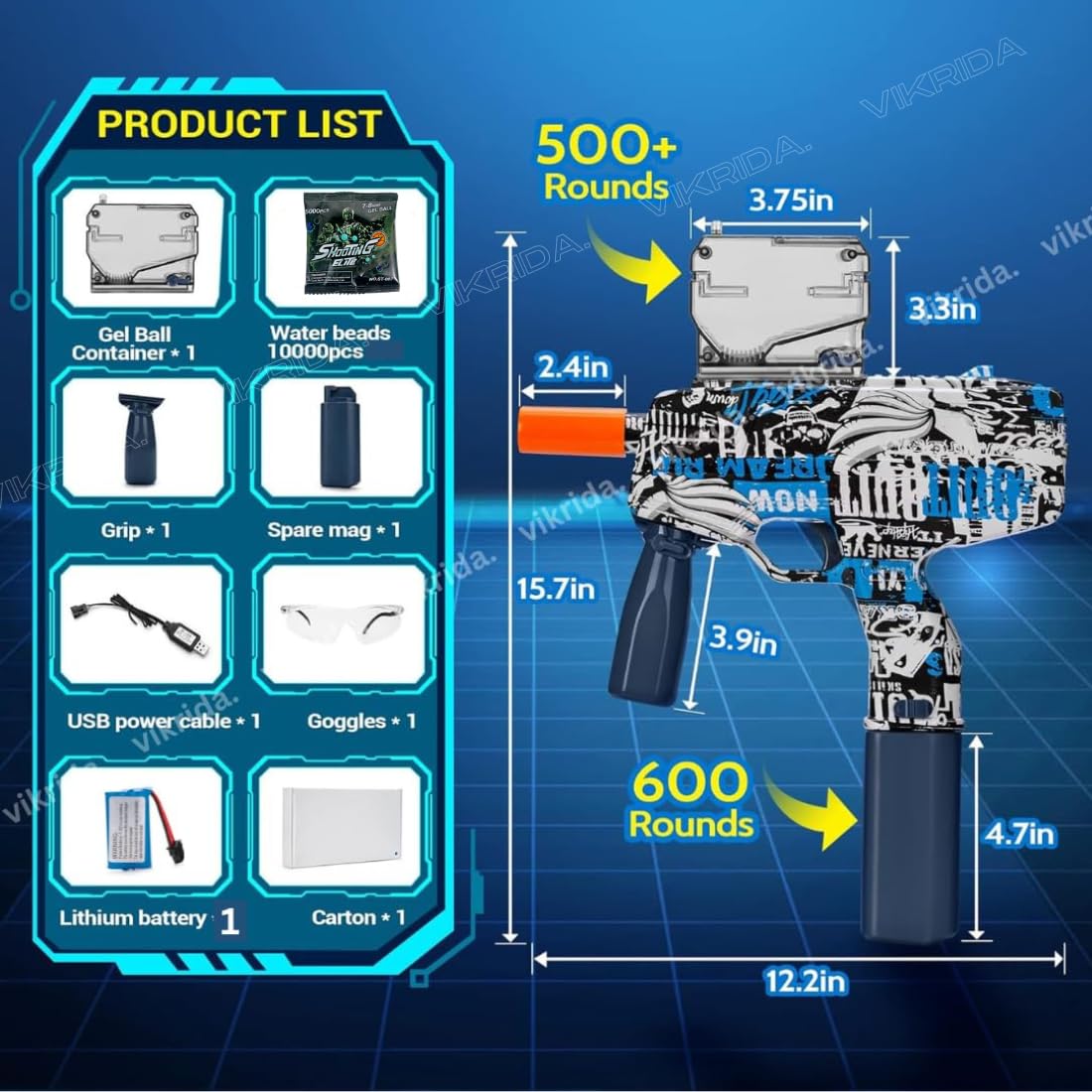 VikriDA Ball Blaster MP-9 Gel Blaster with 10000 Gel Balls & Goggles | Outdoor Game Toys for 14+ Boys Girls