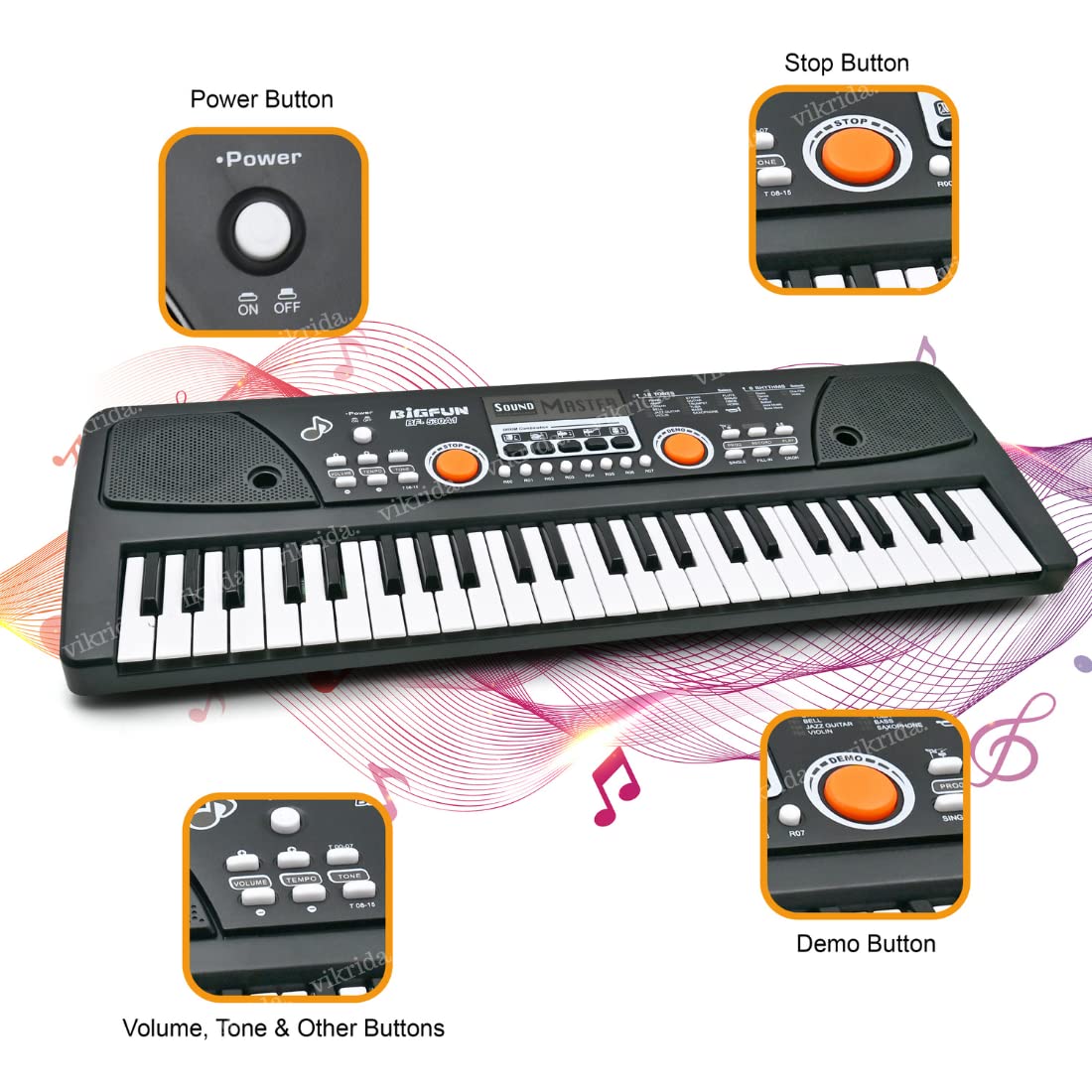 VikriDA 49 Key Piano Keyboard with DC Power Option, Recording Microphone with Wire,