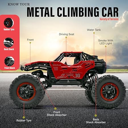 VikriDA Remote Control car with Mist Smoke Spray Function 1:18 Rock Crawler 2 WD High Speed Rechargeable Off-Road Monster Truck 45° Angle Climbing Car Toy for Kids - Red Color