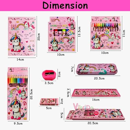 VikriDA Stationary Kit for Girls, 41Pcs Stationary Items for Girls Pencil Box, Colors, Eraser and Sharpener (Pink)