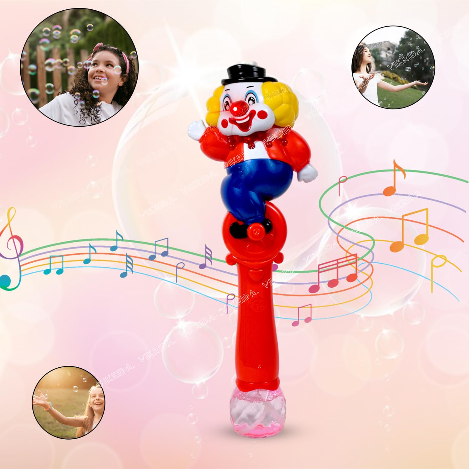 VikriDA Light Up Bubble Blower Wand with Thrilling LED & Sound Effect for Kids, 2 Bottles Bubble Fluid Included, Great Gift Idea, Party Favor - Clown