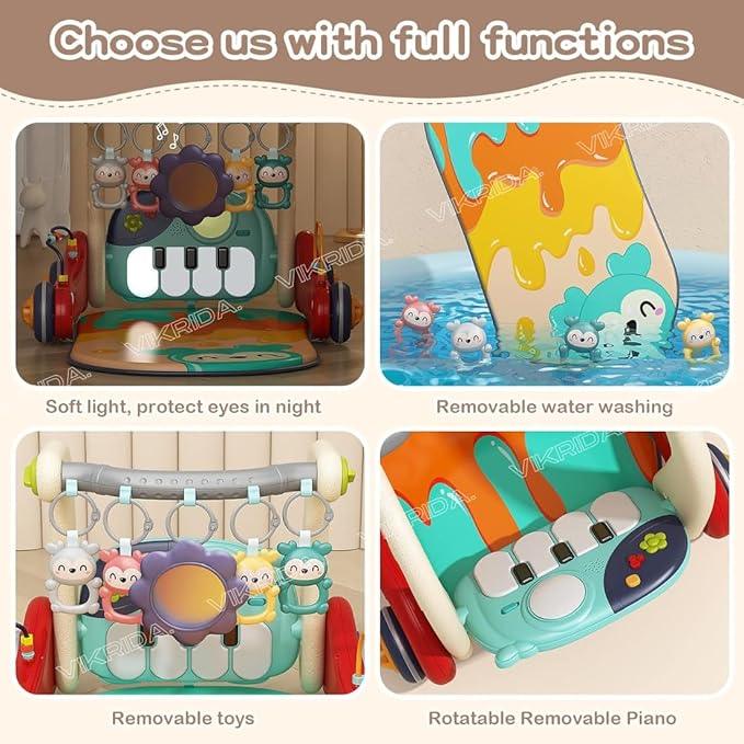 VikriDA 2 in 1 Musical Baby Activity Walker with Convertible Play Gym - Push Walker with Play Piano, Lights, Rattles & Tummy Time Mat for Babies & Toddlers