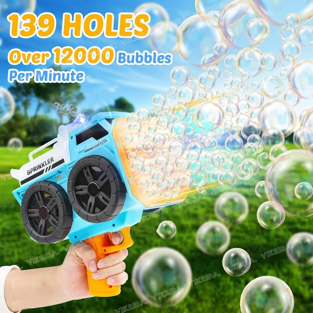 Vikrida 139 Holes Automatic Bubble Gun Blaster with Bubble Refill Solution, Indoor & Outdoor Bubble Maker Blower Summer Toys - Blue