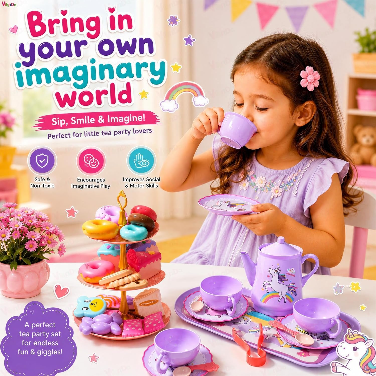 Vikrida 48-Piece Unicorn Kids Pretend Tea Party Set