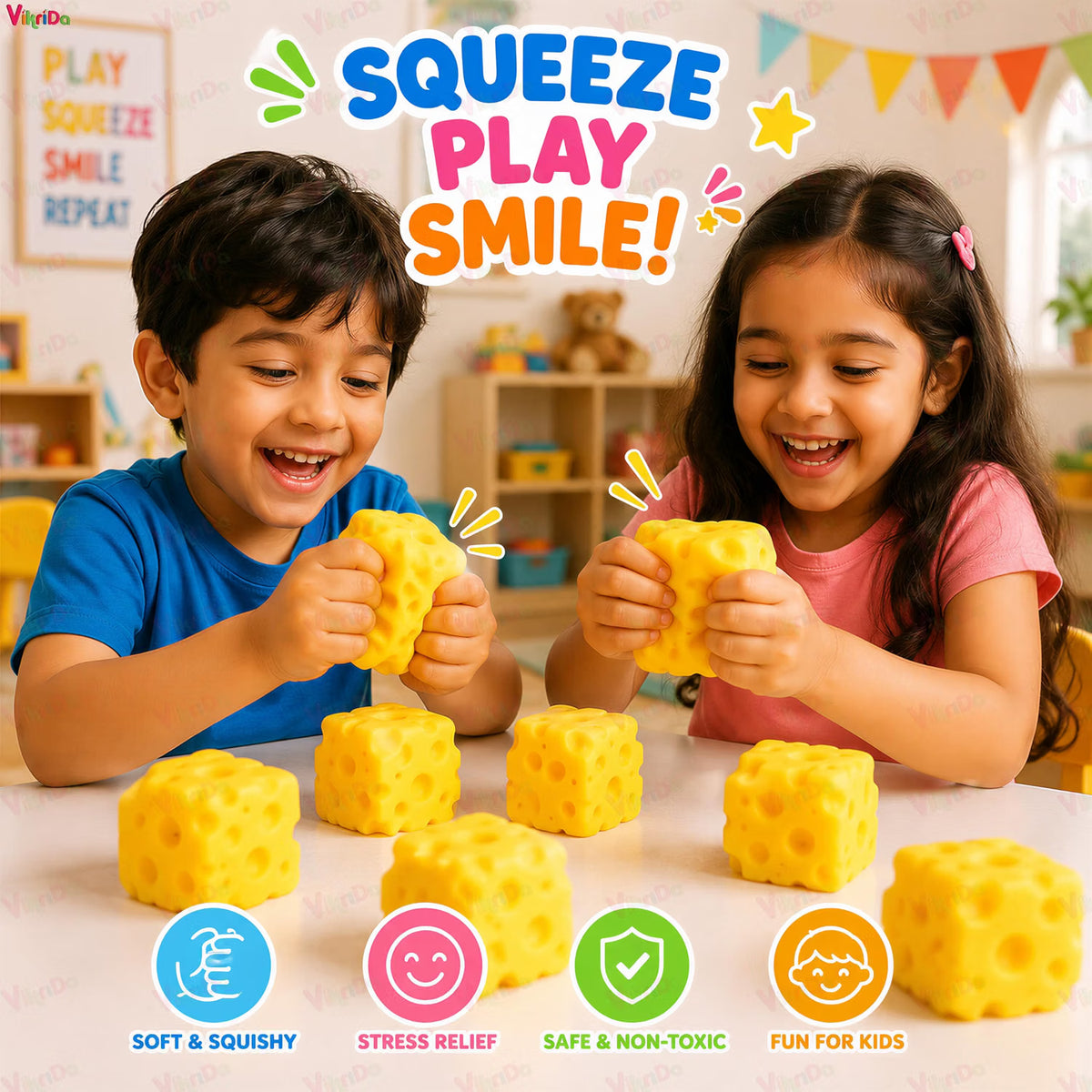 VikriDa Cute Cheese Block Squishy Fidget Toy
