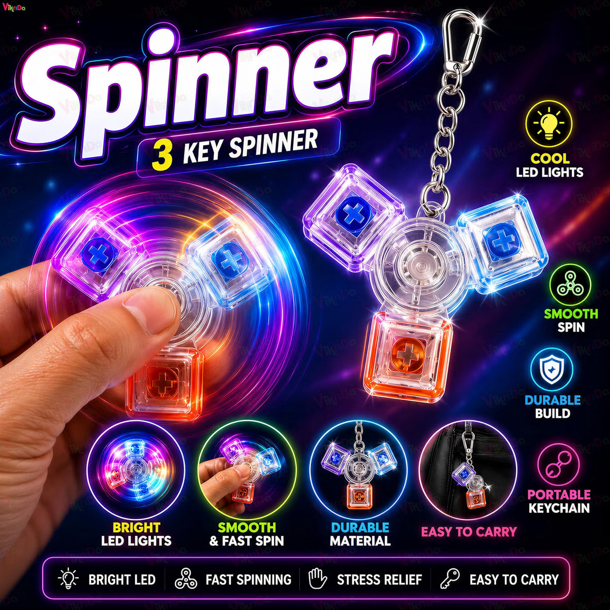 VikriDa 3-Key LED Keyboard Fidget Keychain