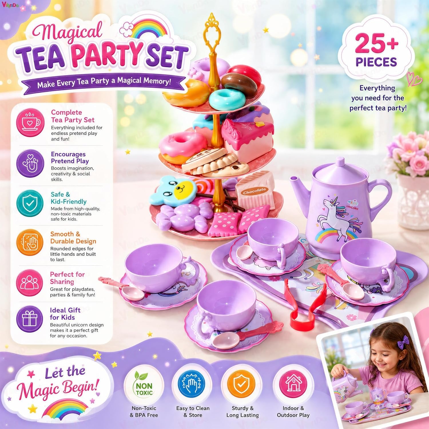 Vikrida 48-Piece Unicorn Kids Pretend Tea Party Set