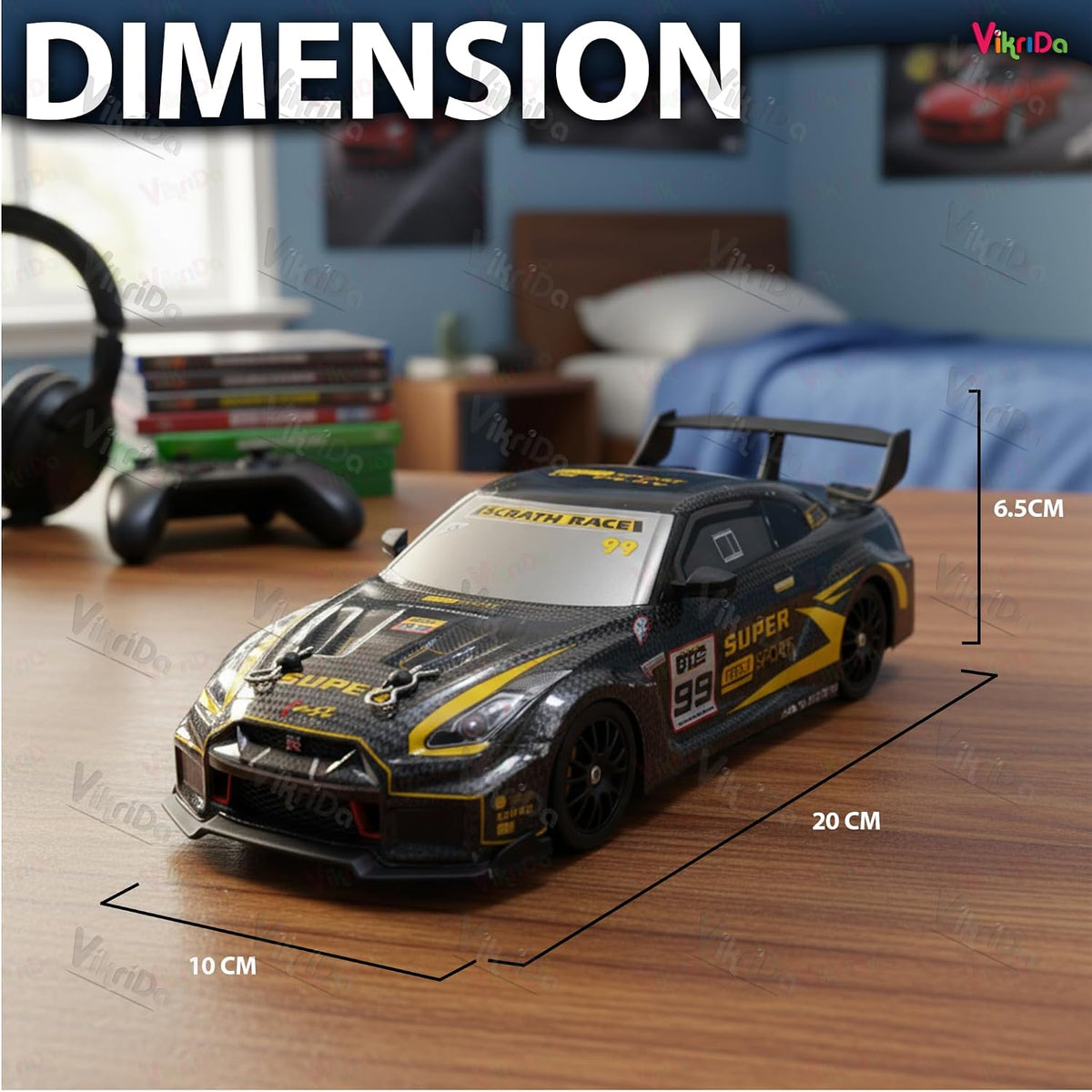 VikriDa RC Black Yellow Scratch Race Drift Car for Kids