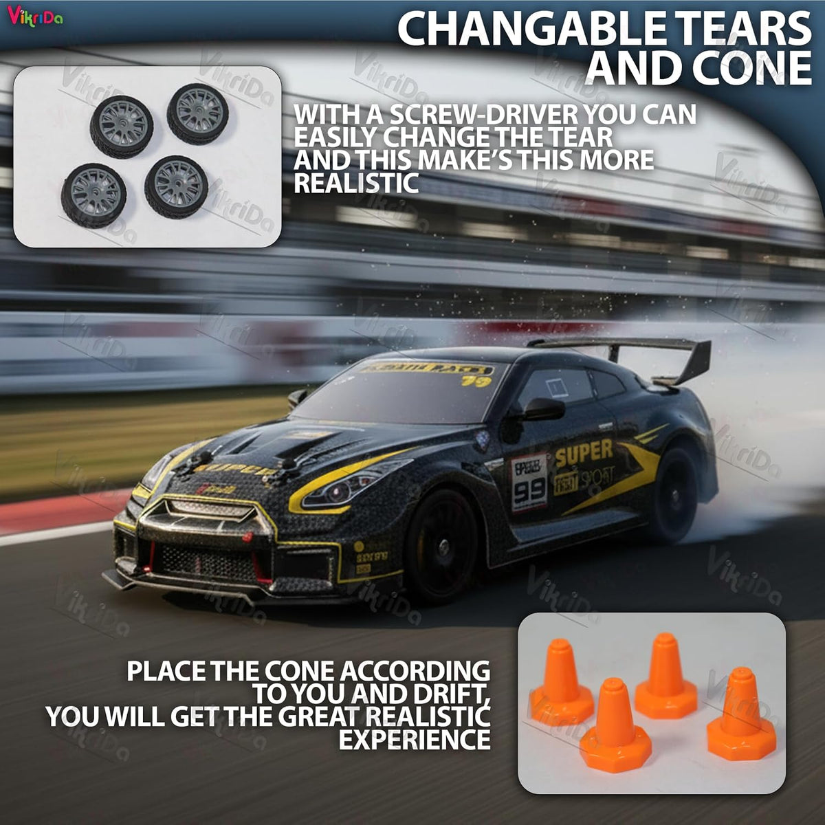 VikriDa RC Black Yellow Scratch Race Drift Car for Kids