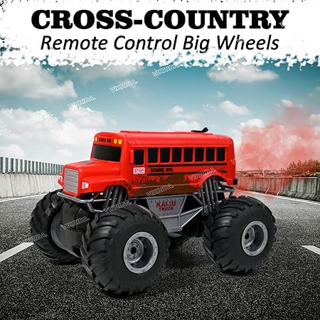 VikriDA Remote Control Toy for Boys RC School Bus Truck with Smoke and LED Lights High Speed Offroad RC Racing Car USB Rechargeable Monster Trucks for Kids - Red Color