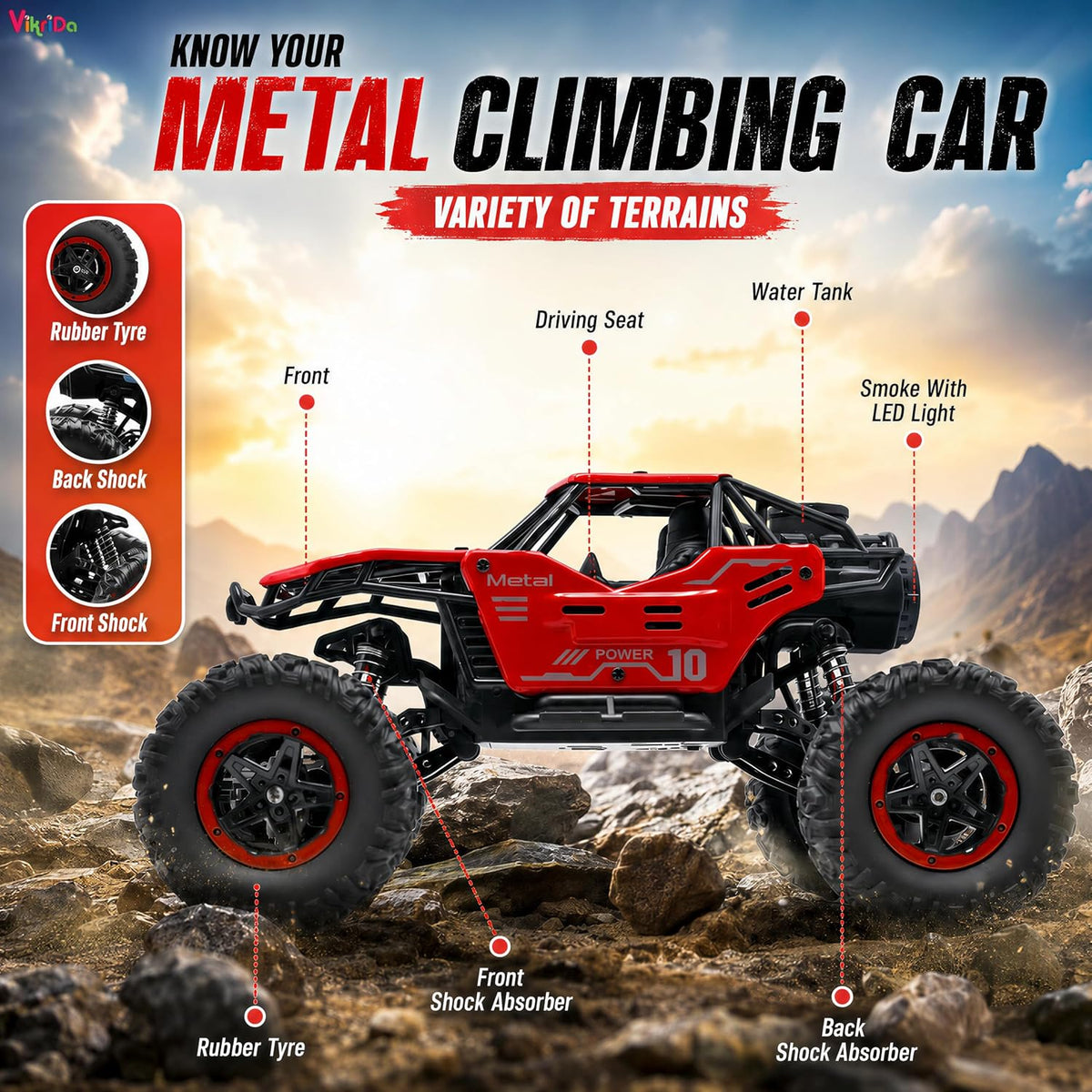 VikriDa Red Smoke Metallic Monster Truck for Kids