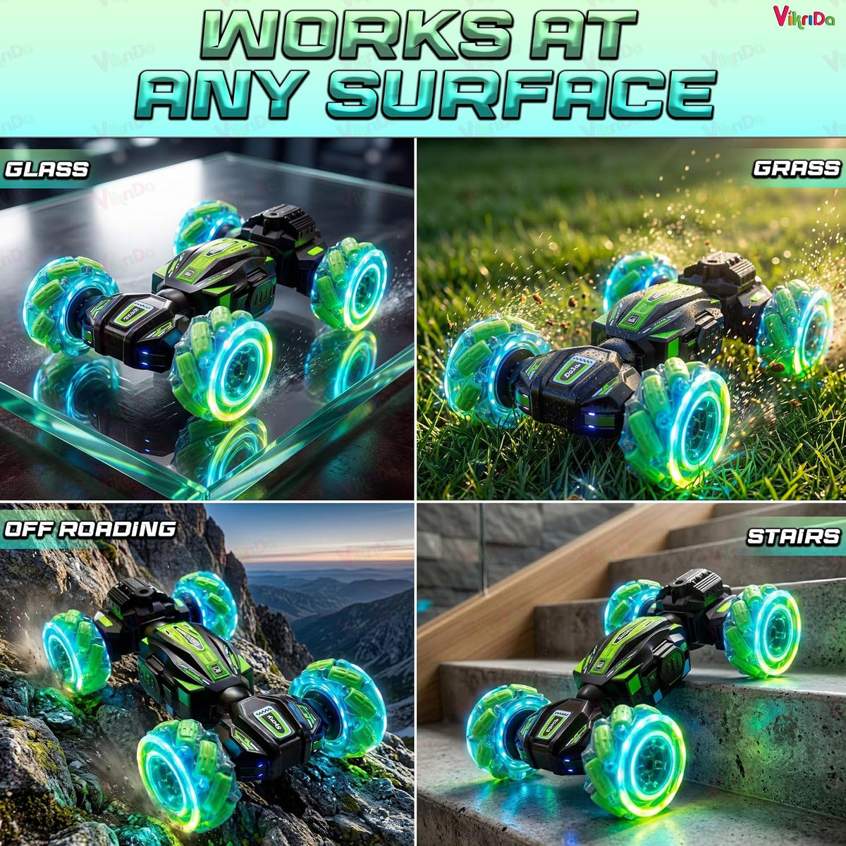 VikriDa Green LED Gesture Twist Stunt Car for Kids