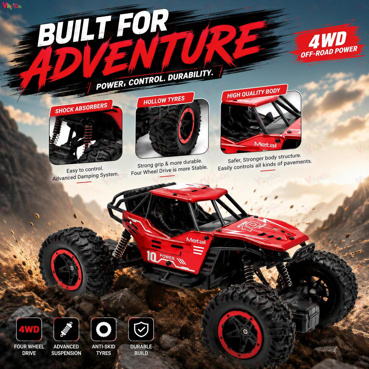 VikriDa Red Smoke Metallic Monster Truck for Kids